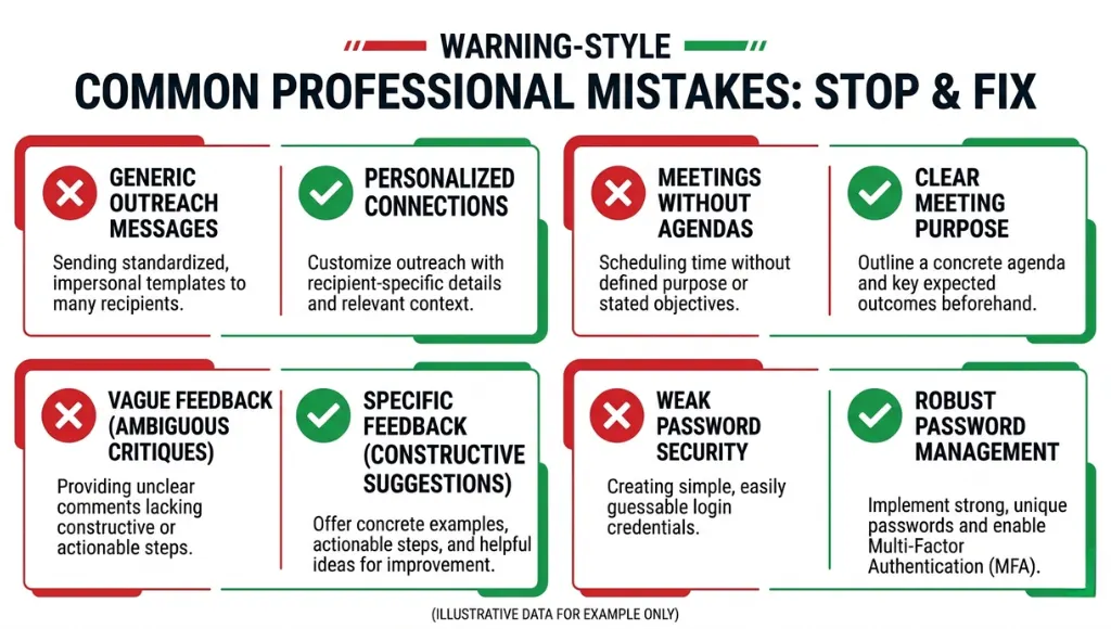 Warning infographic showing the four most common backlink building mistakes to avoid in 2026 with fixes