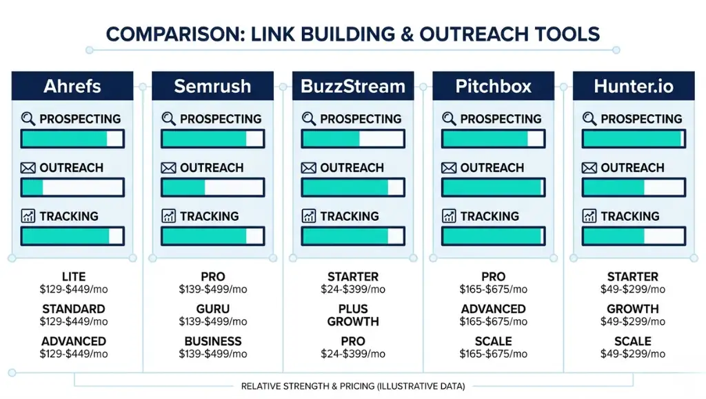 Comparison of the five best backlink building tools for tech sites in 2026 showing strengths and pricing