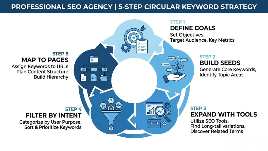 5-step keyword research process diagram showing how to do keyword research from seed keywords to content mapping