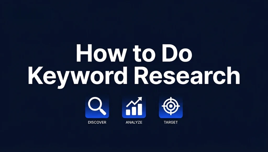 How to do keyword research guide hero image for Zpro Studio SEO blog showing magnifying glass and analytics icons
