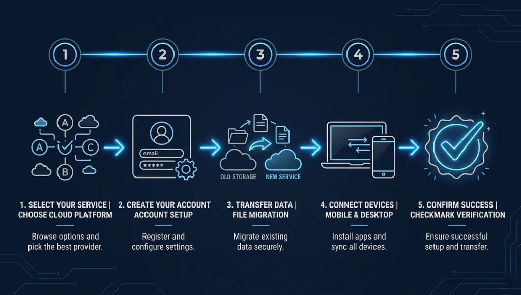 Step-by-step diagram showing how to switch from Google Drive to a cloud storage alternative in 5 steps