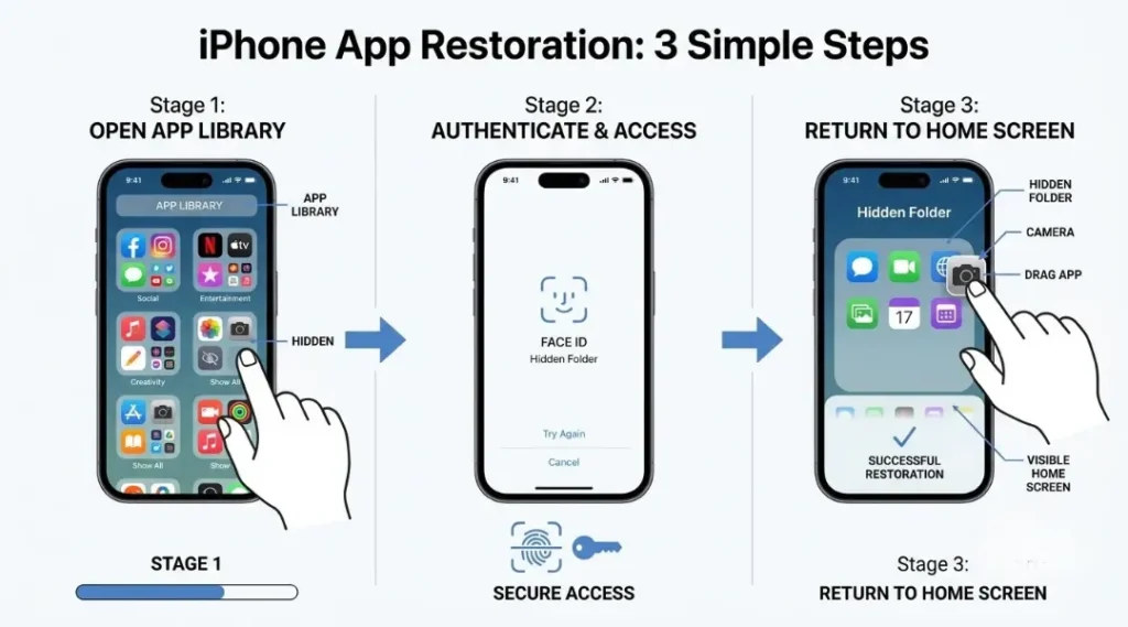 iPhone Hidden folder steps for restoring an app to the Home Screen