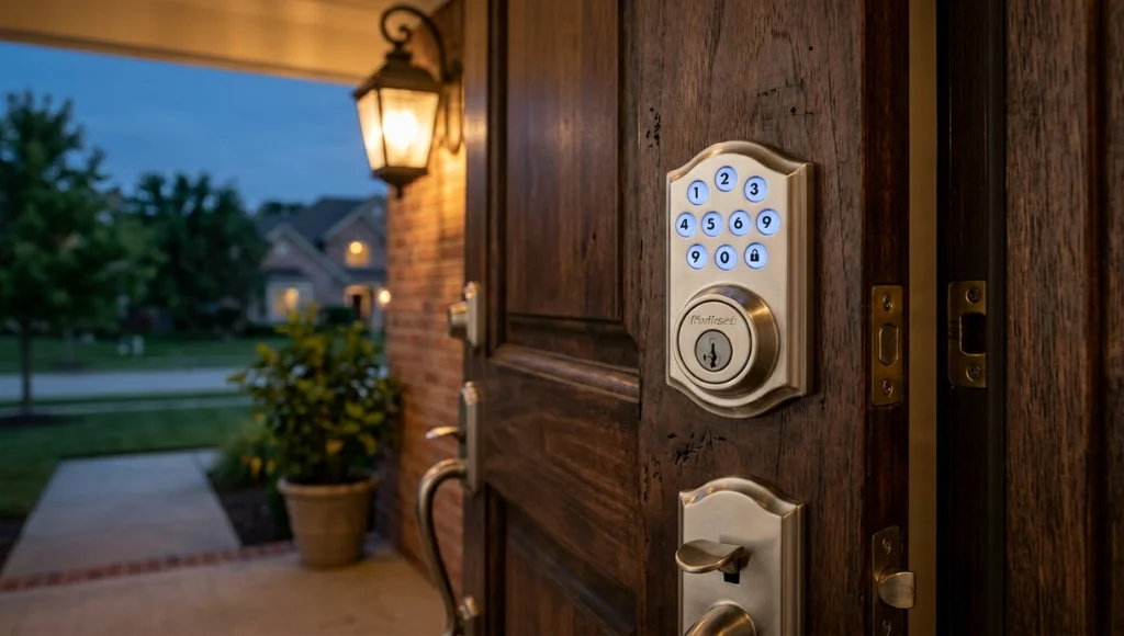 Kwikset Halo smart lock installed on a dark wood front door, keypad glowing blue
