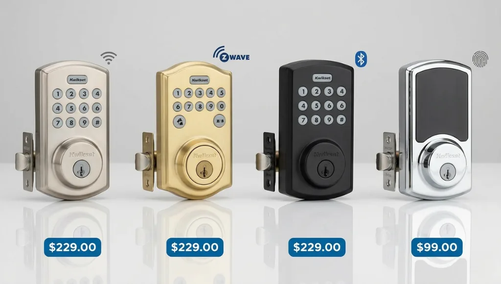 Side-by-side comparison of four Kwikset smart lock models: Halo, SmartCode 955, Aura, and Halo Touch