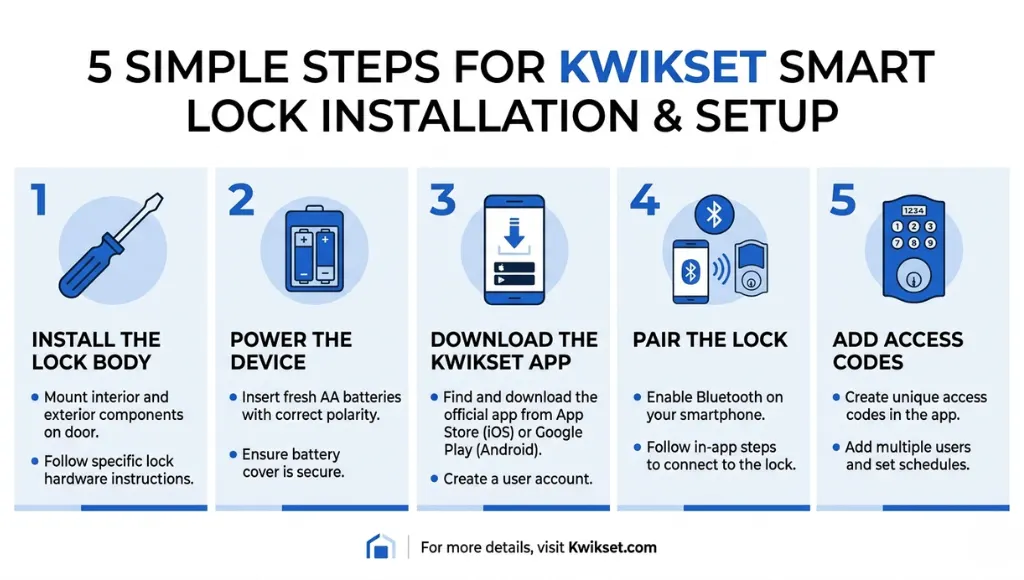 5-step infographic showing how to set up a Kwikset smart lock from installation to adding user codes