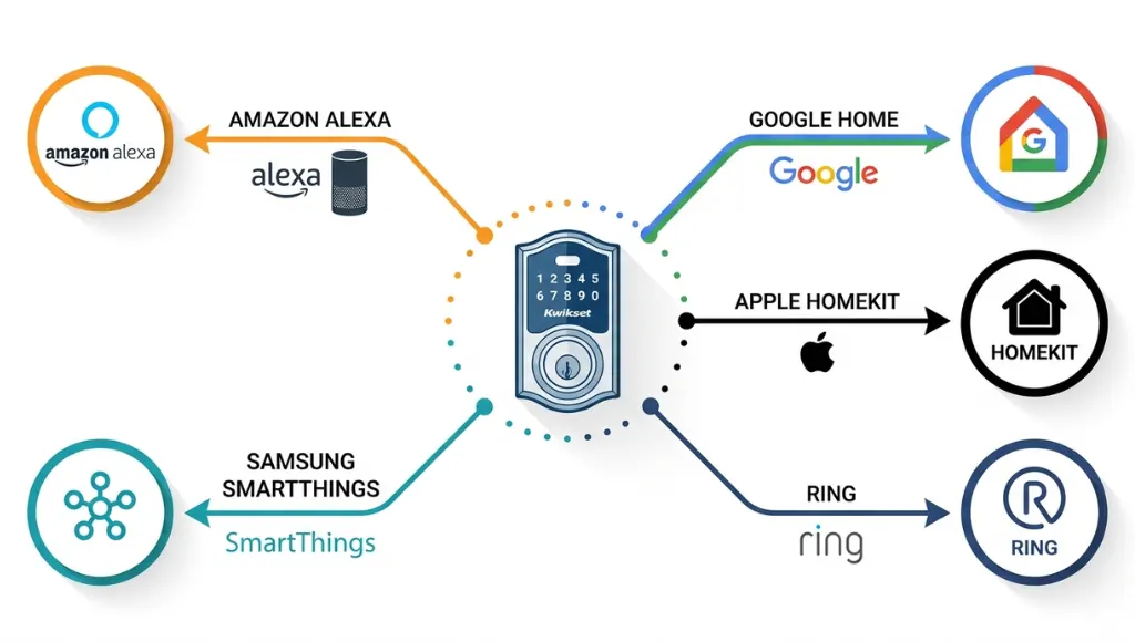 Diagram showing Kwikset smart lock connecting to Alexa, Google Home, Apple HomeKit, Ring, and SmartThings