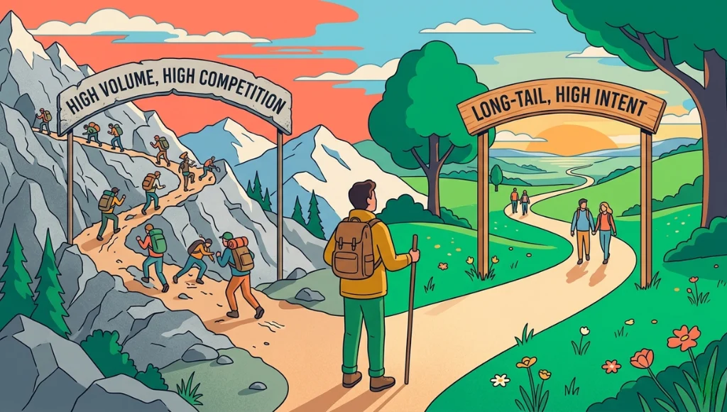 Illustration comparing long-tail versus short-tail keyword strategy showing how to choose the right keyword difficulty for SEO ranking