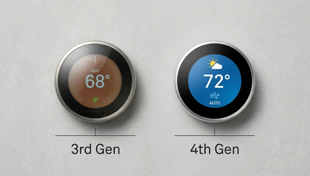 Side by side comparison of nest thermostat 4th generation versus 3rd generation showing display and hardware differences
