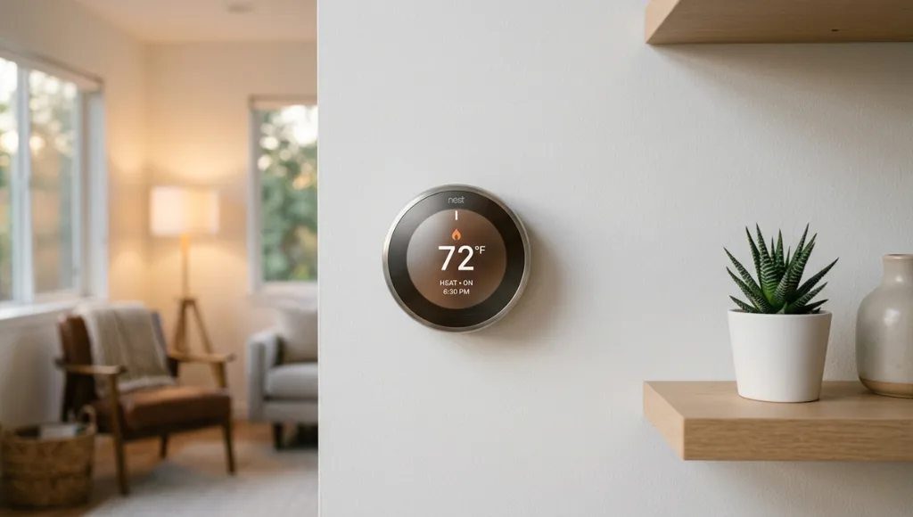 Nest Thermostat 4th generation mounted on a modern white wall showing the home screen temperature display