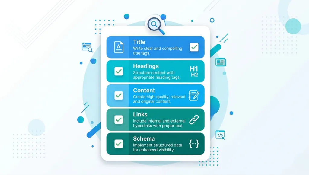 On page SEO checklist visual showing 5 core optimization areas for 2026 ranking