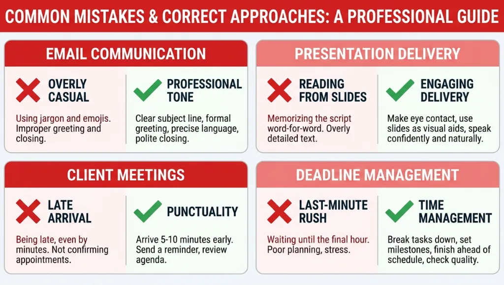 Common on page seo checklist mistakes with fixes shown in red and green panels