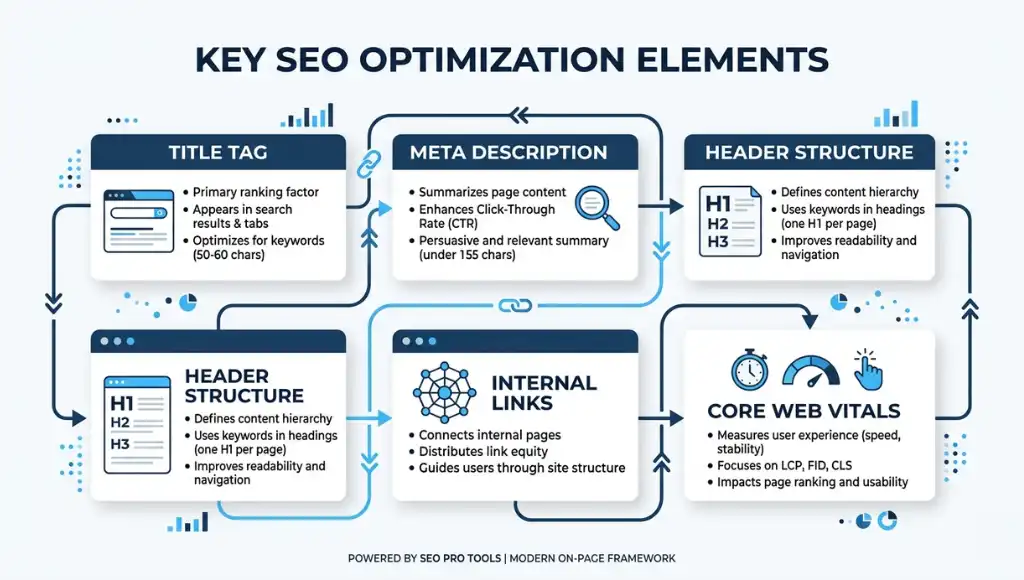 On page SEO checklist overview showing title tag, meta description, headers, and internal links