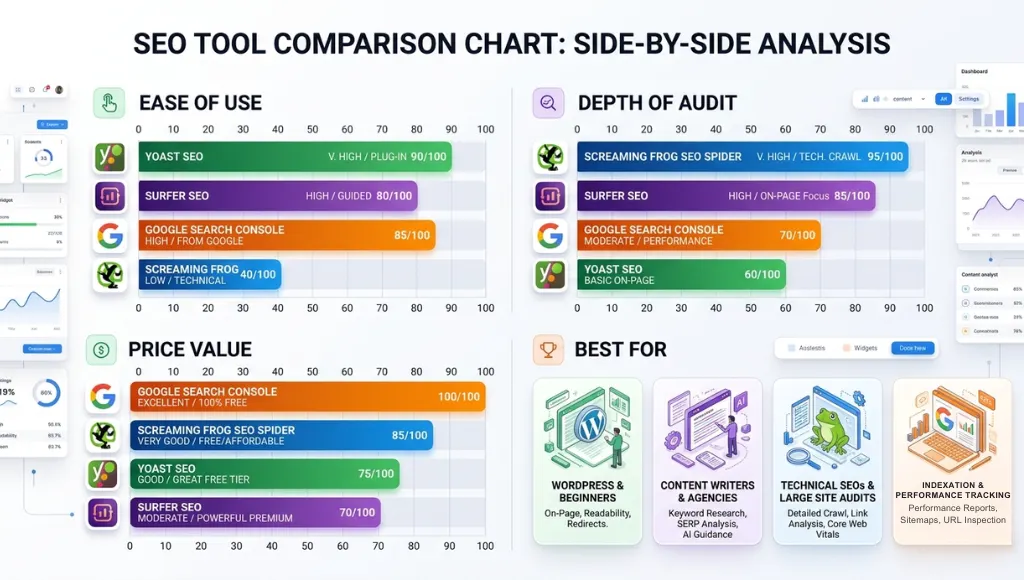 Comparison chart of top on page SEO audit checklist tools including Yoast SEO, Surfer SEO, Screaming Frog, and Google Search Console