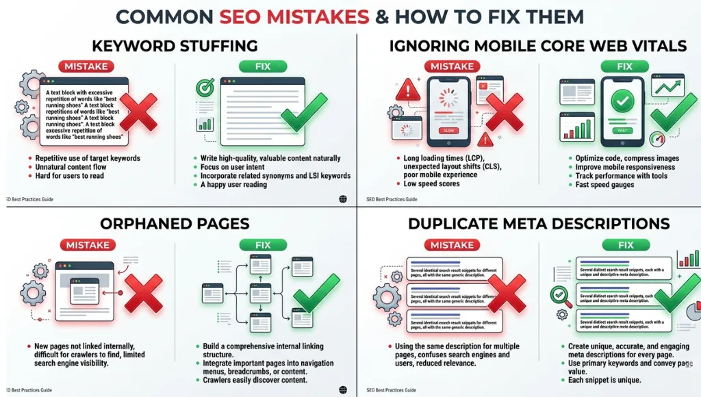 Infographic showing top on page SEO checklist mistakes including keyword stuffing, missing meta descriptions, and orphan pages