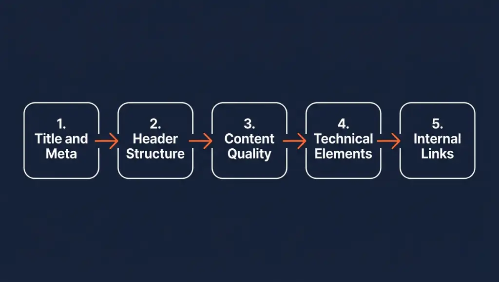 Step-by-step on page SEO audit process flowchart showing title tag, headers, content, technical, and internal links