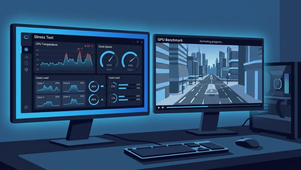 PC stress test software dashboard showing CPU temperature and load graphs on a dual-monitor setup