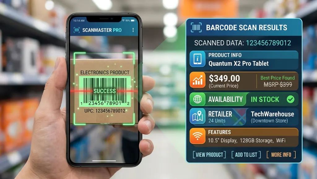 product code scanner app interface scanning UPC code