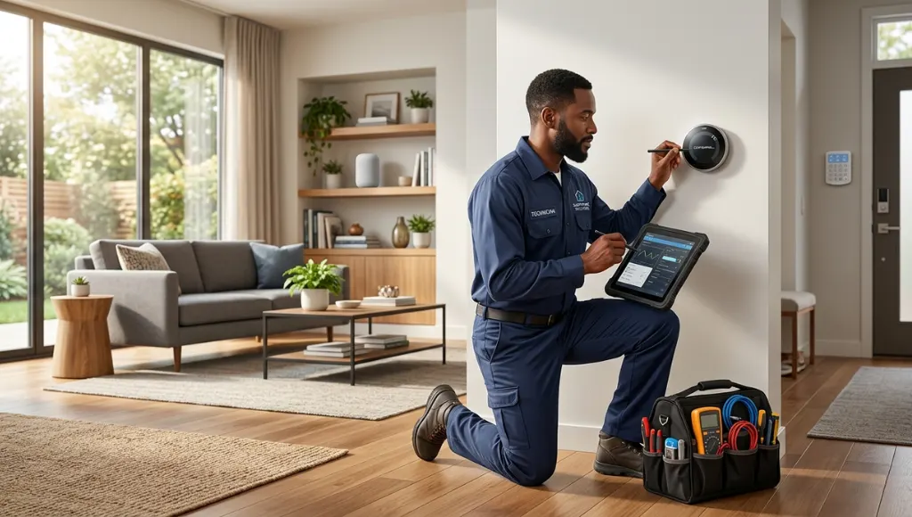 Professional smart home installer configuring a smart thermostat and hub in a modern residential home