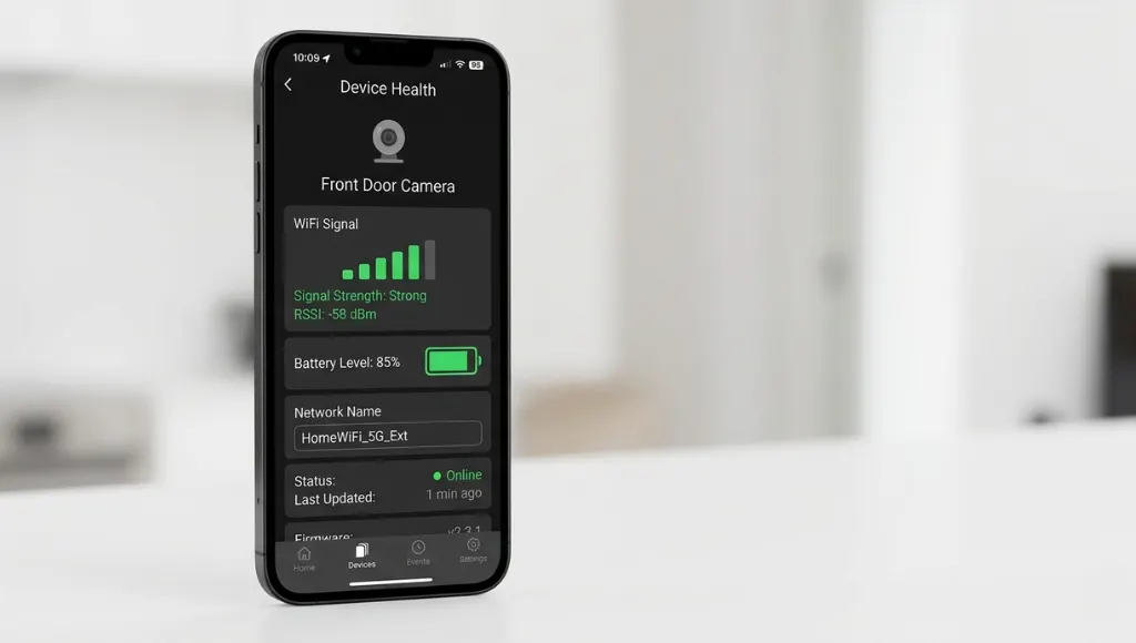 Ring app Device Health screen showing RSSI signal strength for Ring video doorbell WiFi connection