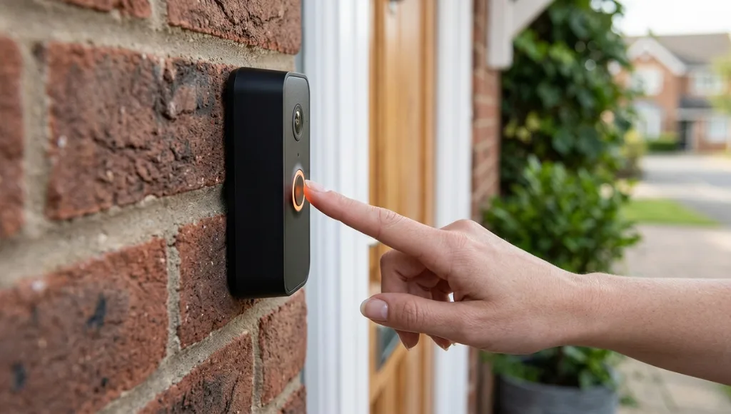 Close-up of Ring video doorbell showing orange setup button location for WiFi network change