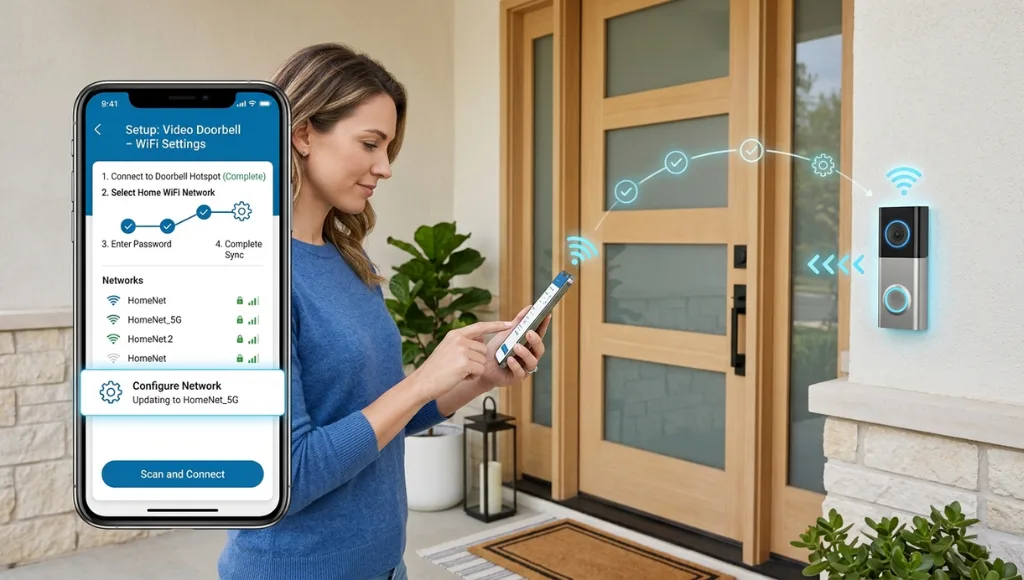 Step-by-step Ring app screen showing how to change WiFi on Ring video doorbell via Device Health menu