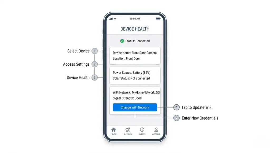Step-by-step Ring app screen showing how to change WiFi on Ring video doorbell via Device Health menu