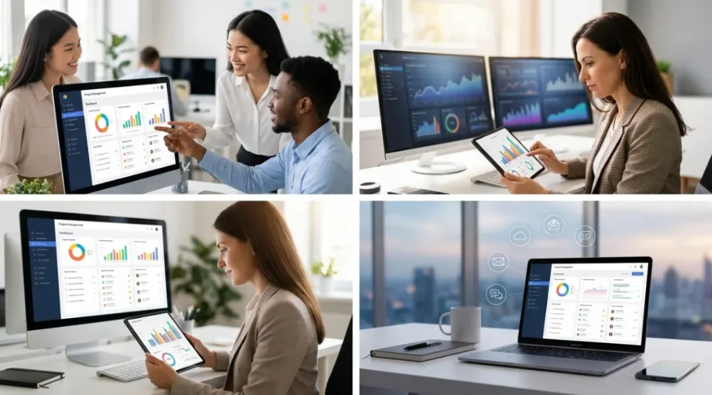 A diverse group of three professionals in a bright office collaborating around a desktop monitor displaying a SaaS project management dashboard with colorful charts.