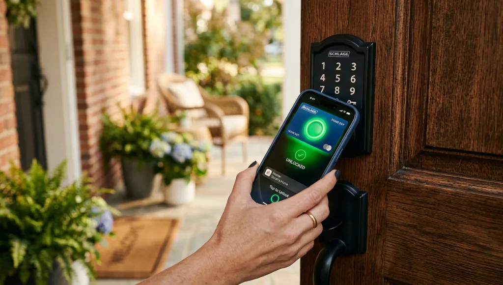 Using Apple Home Key NFC tap-to-unlock on the Schlage Encode Plus smart deadbolt via iPhone