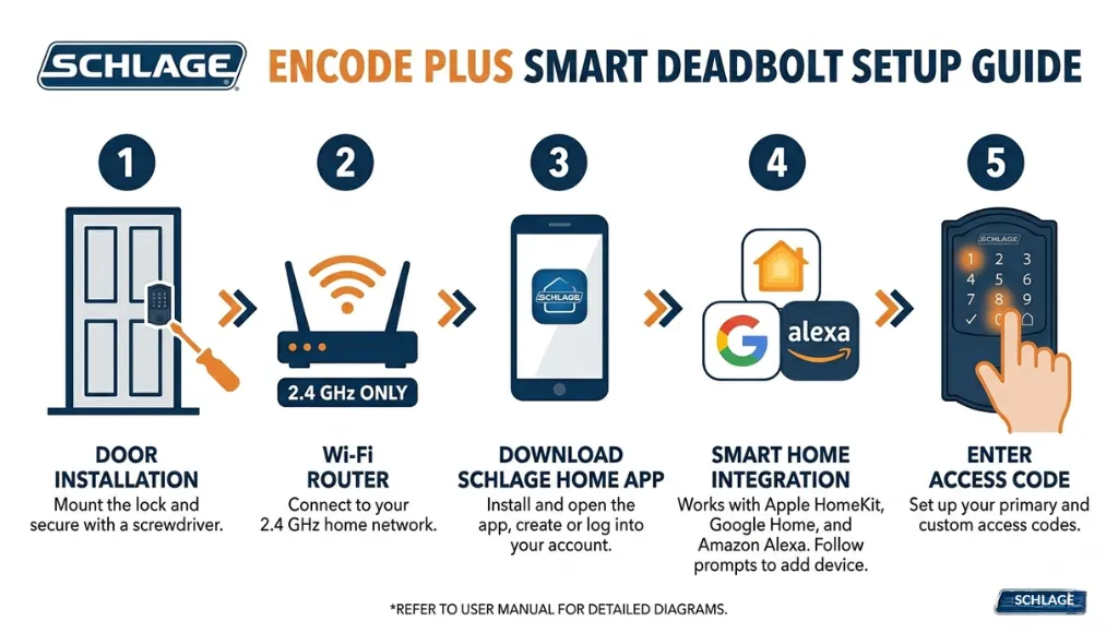 Step-by-step setup diagram for the Schlage Encode Plus smart lock showing Wi-Fi pairing and app configuration