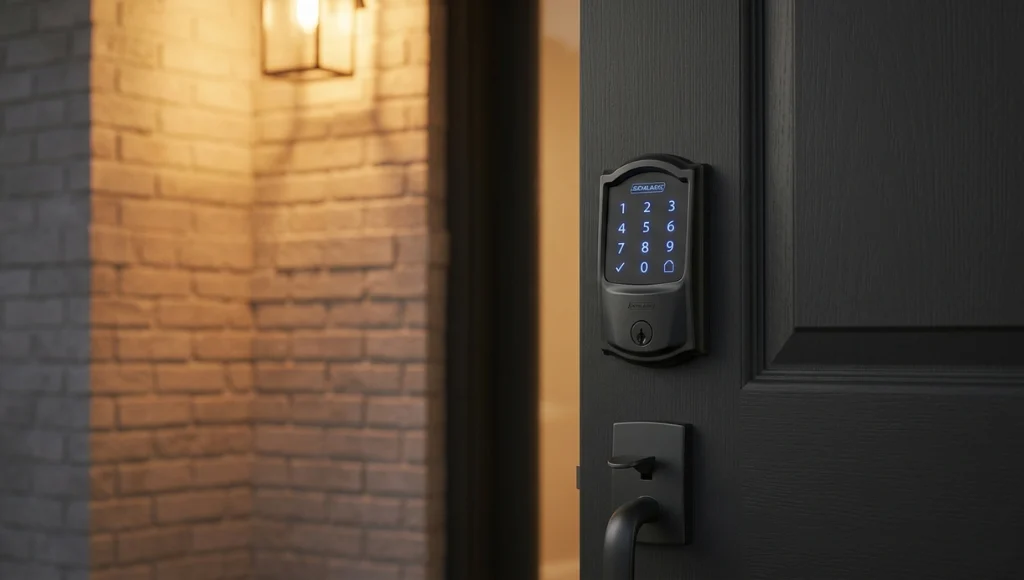 Schlage Encode Plus smart Wi-Fi deadbolt installed on a modern front door with illuminated touchscreen keypad
