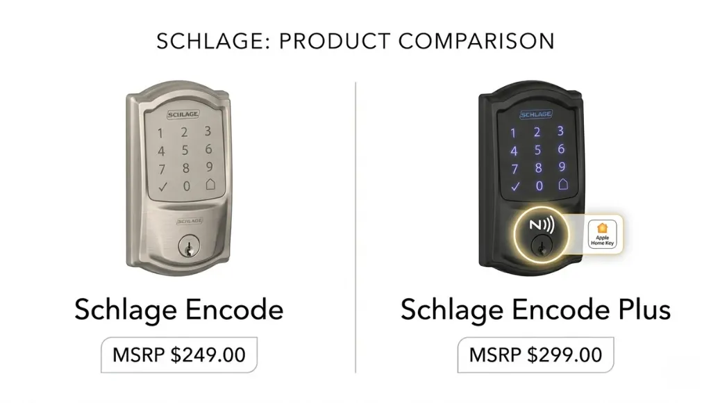 Schlage Encode vs Encode Plus side-by-side comparison showing the Apple Home Key NFC difference between models