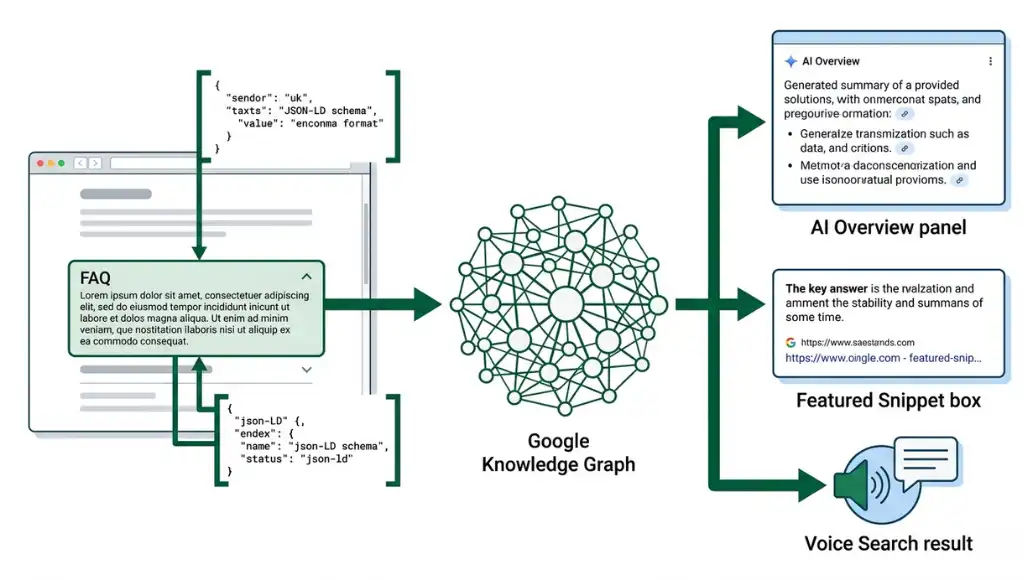 Diagram showing how FAQ schema markup connects web content to Google's Knowledge Graph for semantic SEO