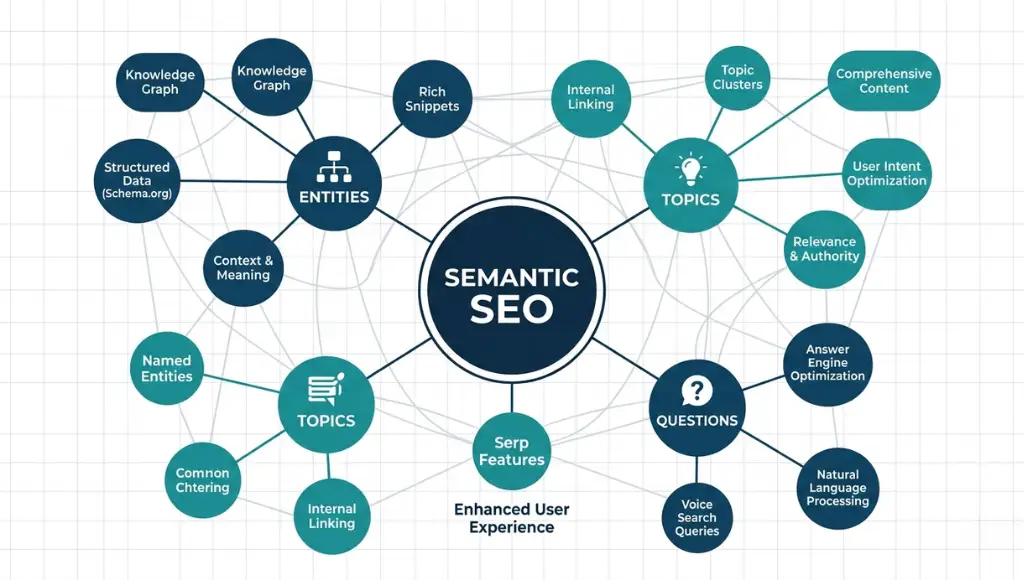 Semantic SEO concept showing topic clusters, entities, and search engine connections in 2026