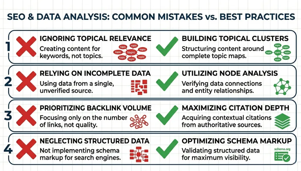 Four common semantic SEO mistakes paired with their correct fixes for 2026