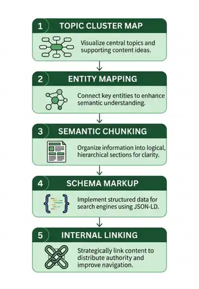 Step-by-step semantic SEO process infographic showing five stages from topic mapping to internal linking