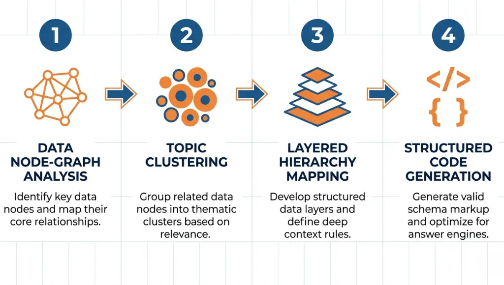 Step by step process for implementing semantic SEO across entity mapping, clustering, structure, and schema