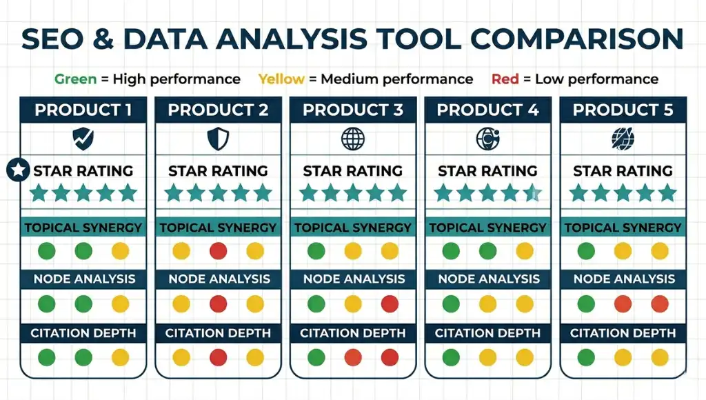 Comparison of top semantic SEO tools including Surfer, Clearscope, MarketMuse, Frase, and NeuronWriter