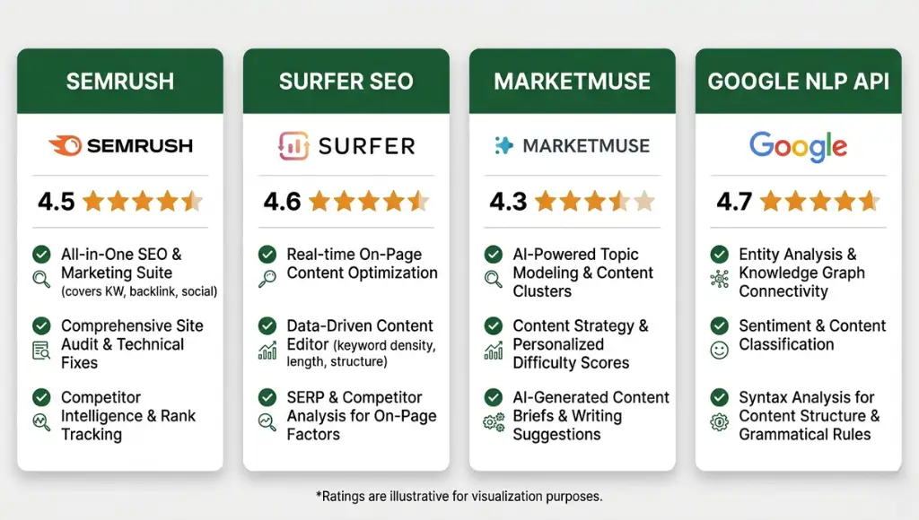 2026 semantic SEO tools comparison showing Semrush, Surfer SEO, MarketMuse, and Google NLP API side by side