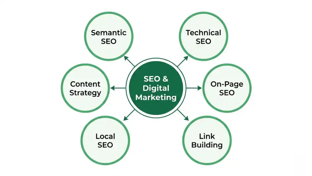 Semantic SEO topic cluster diagram showing hub-and-spoke content architecture with pillar page at center
