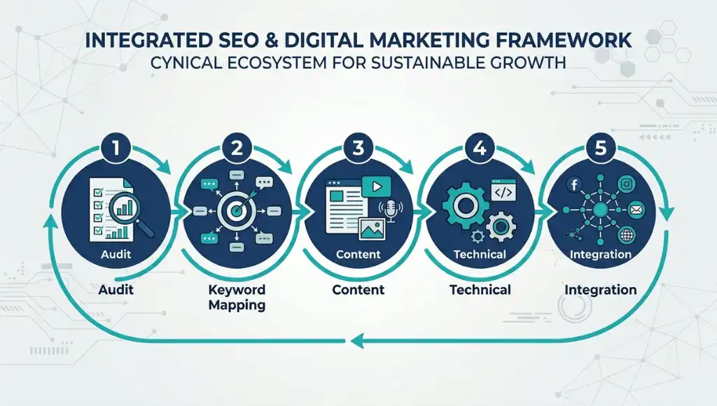 Five-step process diagram for integrating SEO and digital marketing in 2026