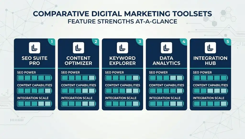 Comparison of top SEO and digital marketing tools including Ahrefs, Semrush, and Surfer SEO for 2026