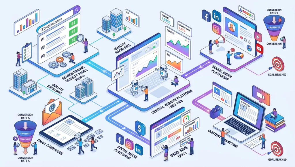 Infographic showing the relationship between SEO and digital marketing channels