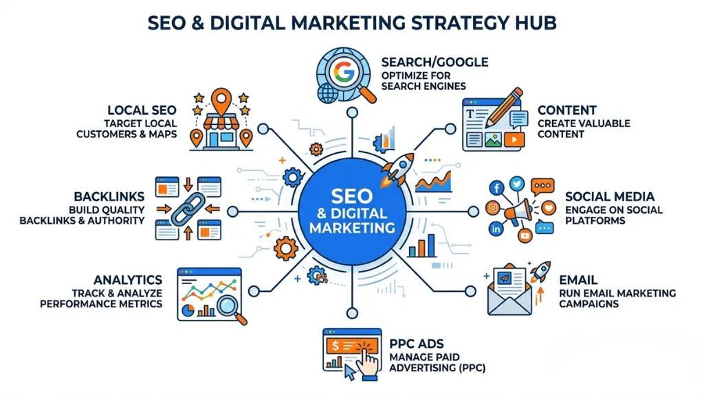 Infographic showing the relationship between SEO and digital marketing channels