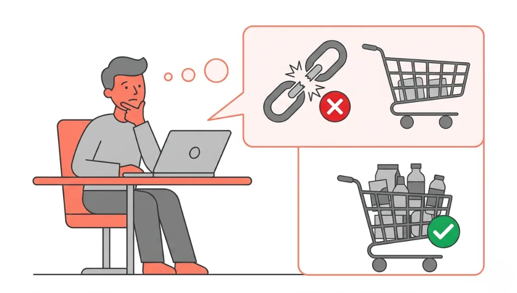 Illustration of common share a cart browser extension mistakes including generating a stale cart link too early