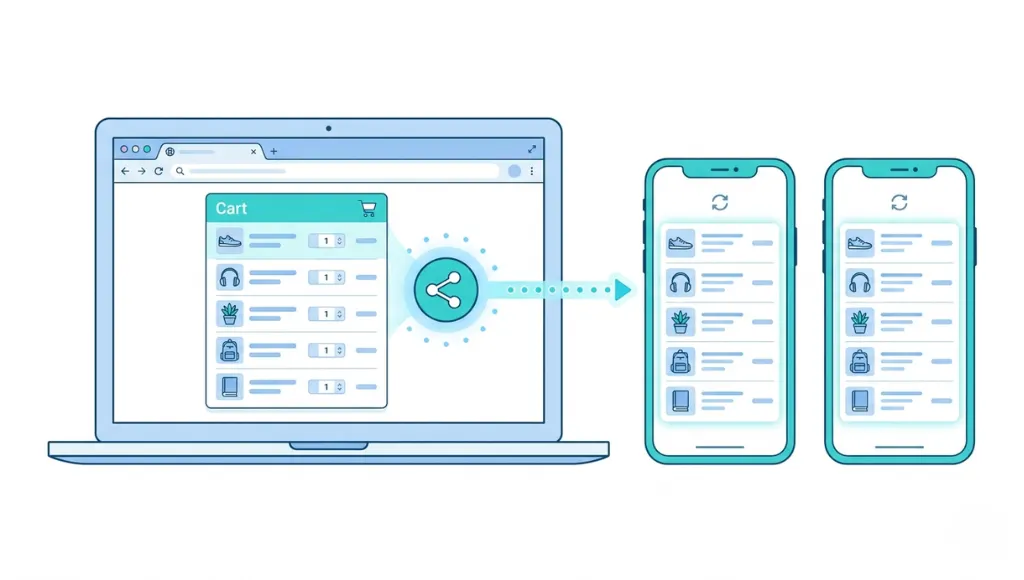 Share a cart browser extension sending a shopping cart link from laptop to two mobile devices