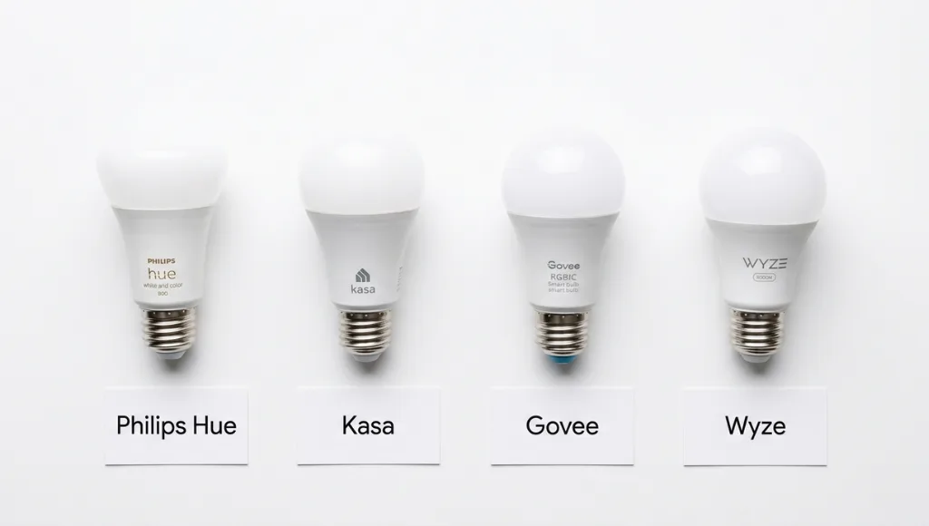Comparison chart of best smart bulbs for lamps in 2026 showing Philips Hue, Kasa, Govee, and Wyze