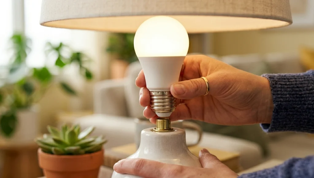 Person screwing a smart bulb into a table lamp socket, showing E26 base type