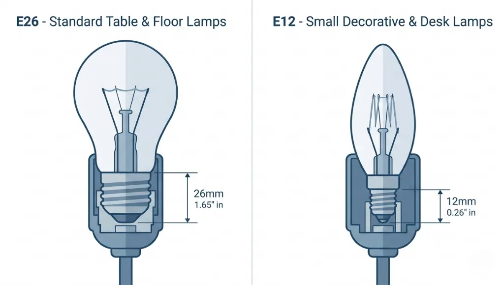 Infographic comparing E26 medium base and E12 candelabra base lamp socket types for smart bulbs