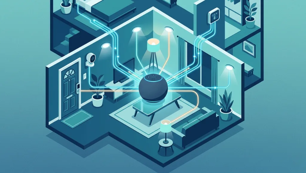 Alexa smart home ecosystem showing Echo device connected to lights, thermostat and security camera representing what is a smart home