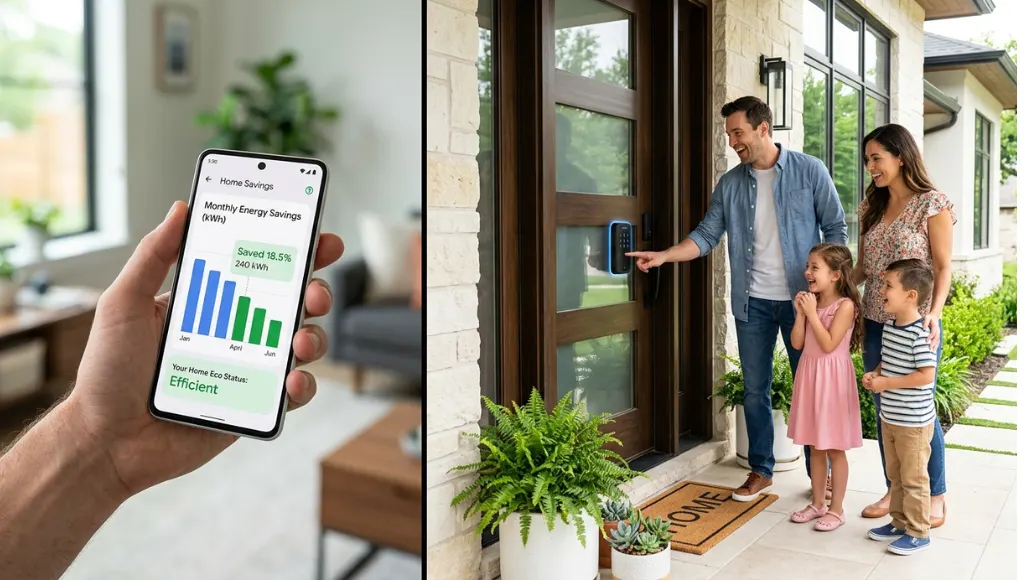 Smart home benefits: energy savings monitoring app and smart lock convenience